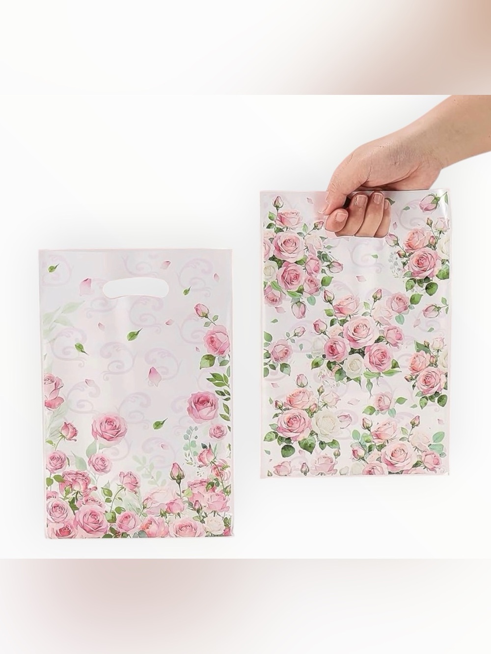 NWT Pink Rose Print Gift Bags with Built-In Handle 30PCS
